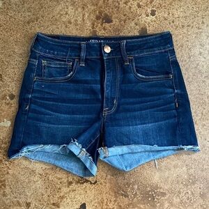 American Eagle Outfitters dark wash distressed high‎ Rise Shortie Jean Shorts